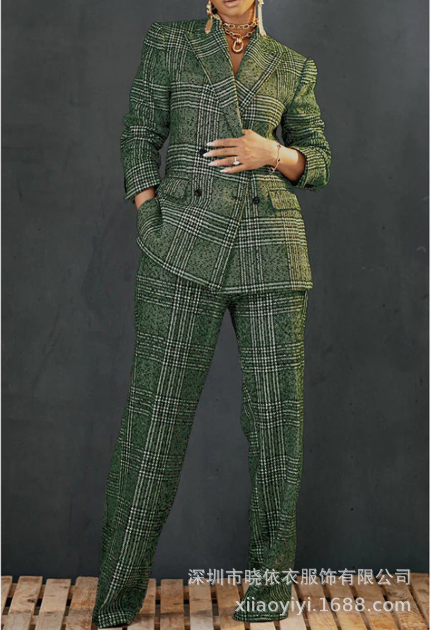Women's Plaid Blazer & Pants Matching Cotton Linen Set
