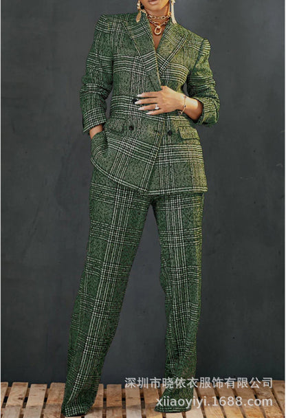 Women's Plaid Blazer & Pants Matching Cotton Linen Set
