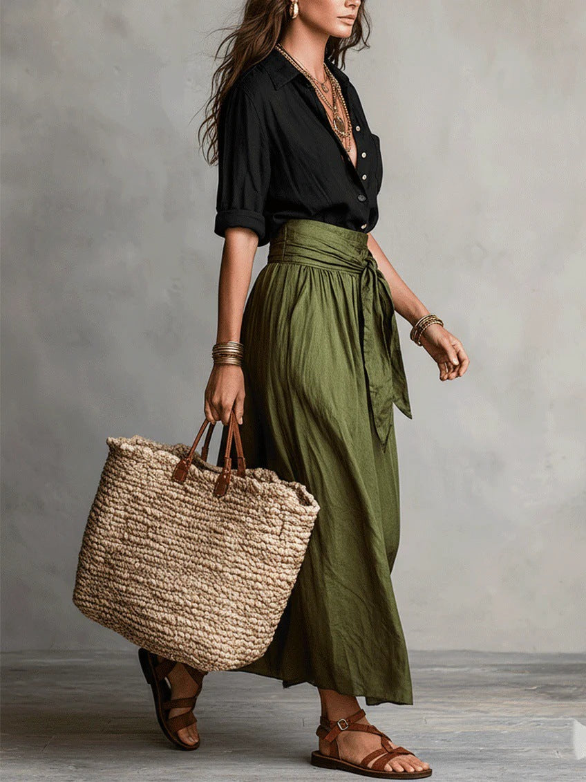Women's Color Block Shirt & Skirt Two Piece Set