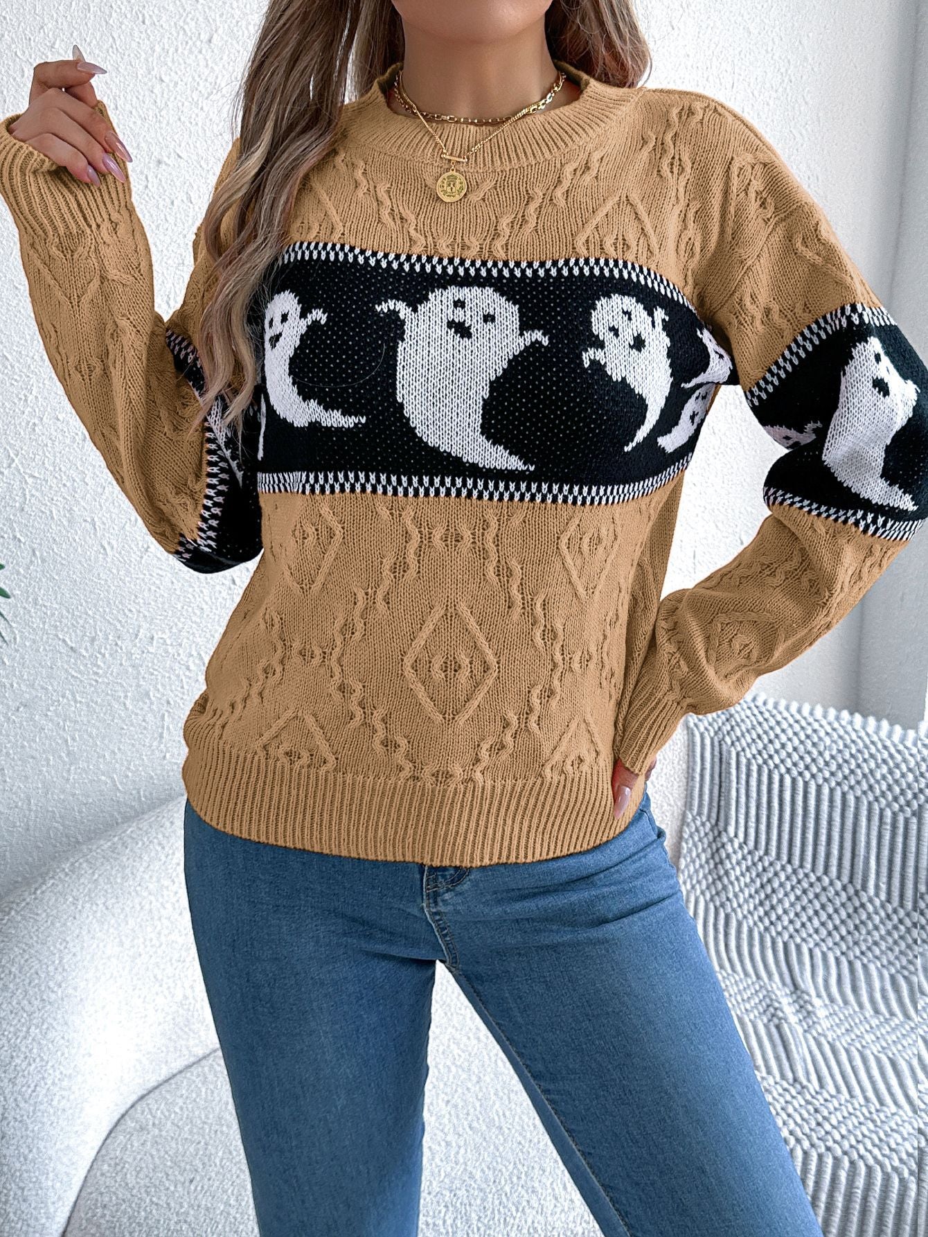 Ghost Print Colorblock Sweater - Halloween Fall Pullover