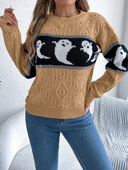 Ghost Print Colorblock Sweater - Halloween Fall Pullover