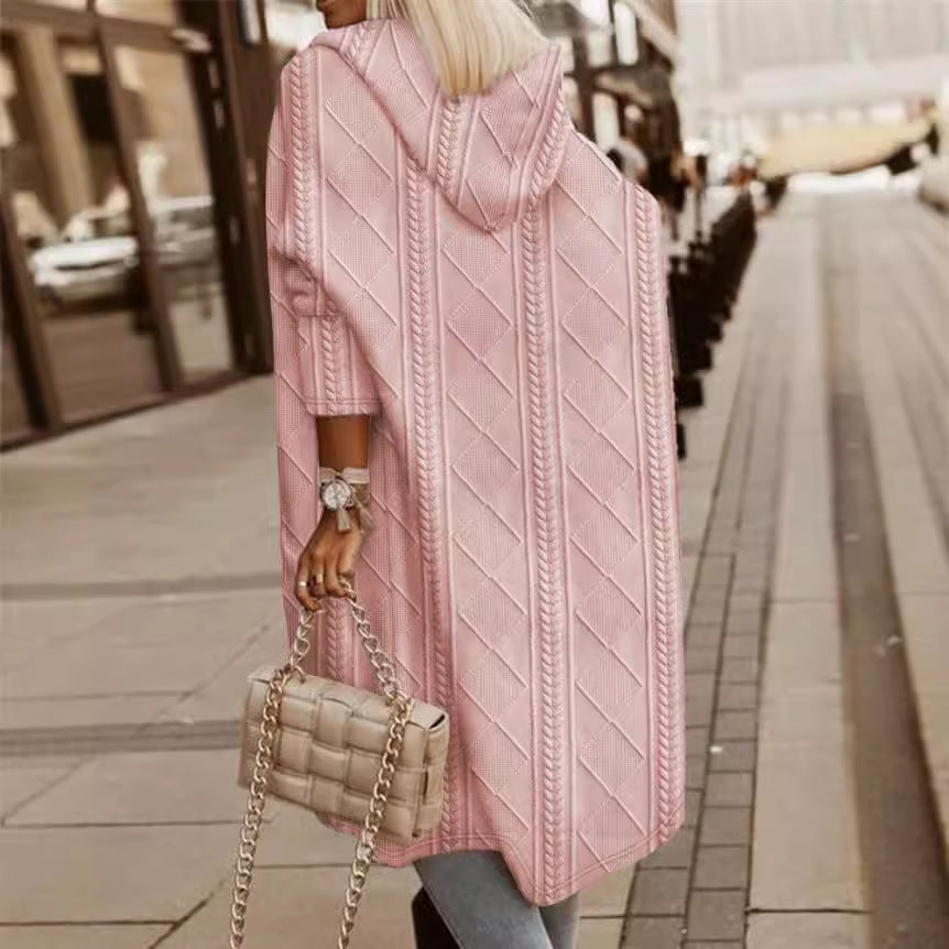 Women's Hooded Cable Knit Long Cardigan Coat with Pockets