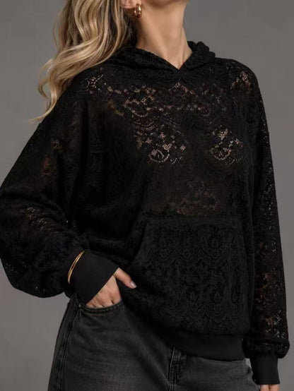 Women's Lace Hoodie Oversized Balloon Sleeve Pocket