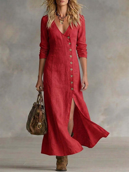 Women's Linen V-Neck Button Front Maxi Dress Slit