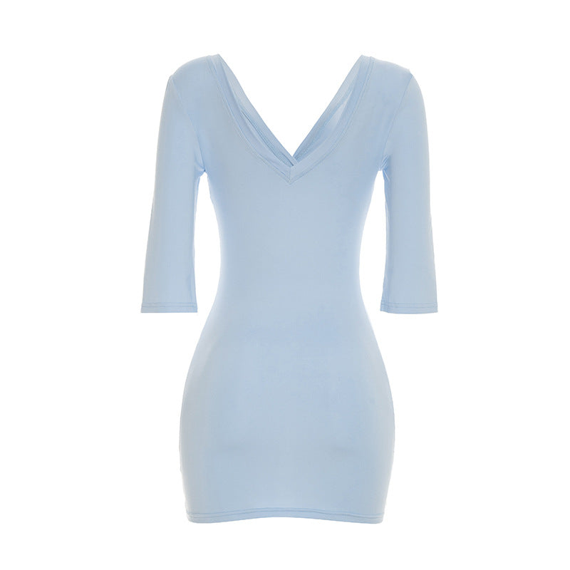 Sexy V Neck Backless Bodycon Mini Dress 3/4 Sleeve