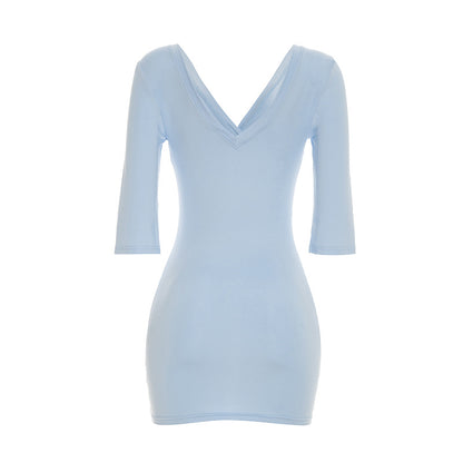 Sexy V Neck Backless Bodycon Mini Dress 3/4 Sleeve