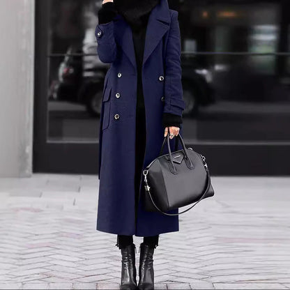 Womens Long Lapel Coat Double Breasted Winter Overcoat