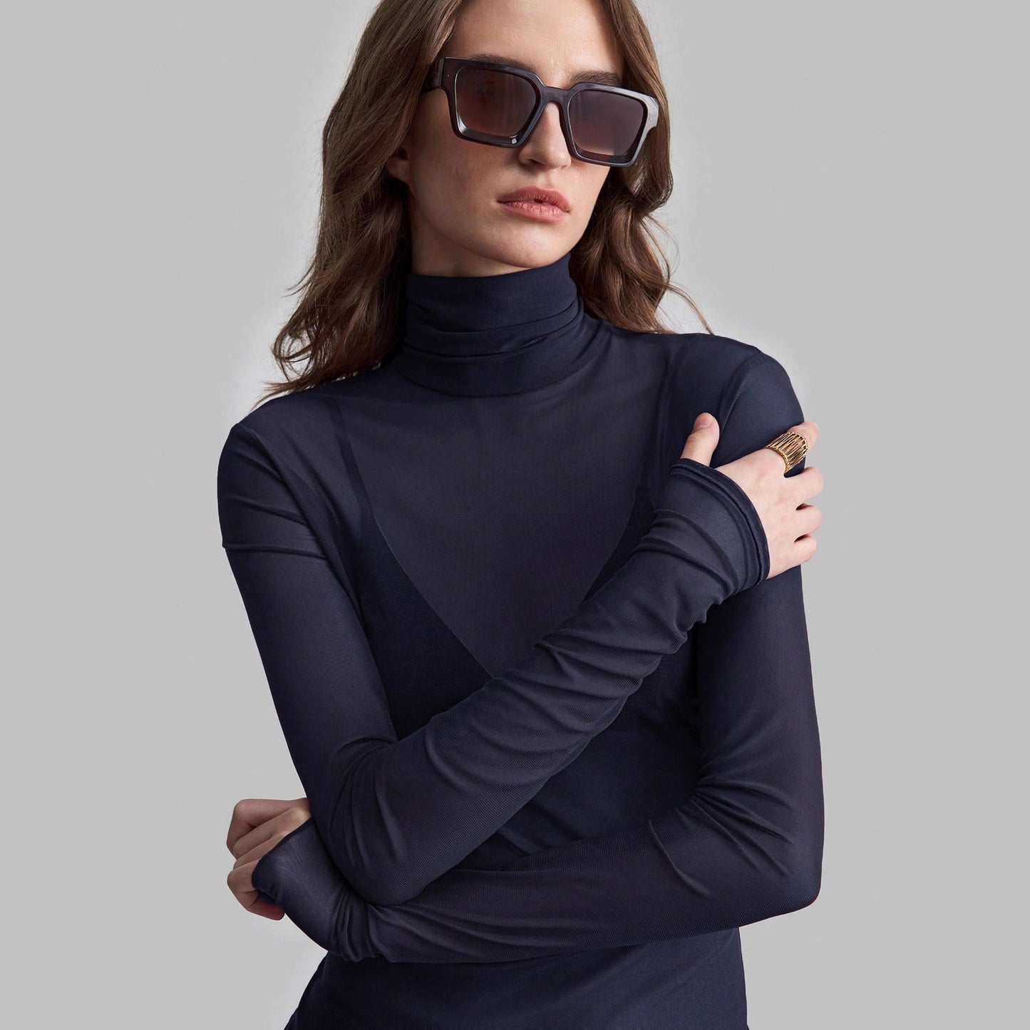 Solid Mesh Turtleneck Top Long Sleeve Fitted Blouse