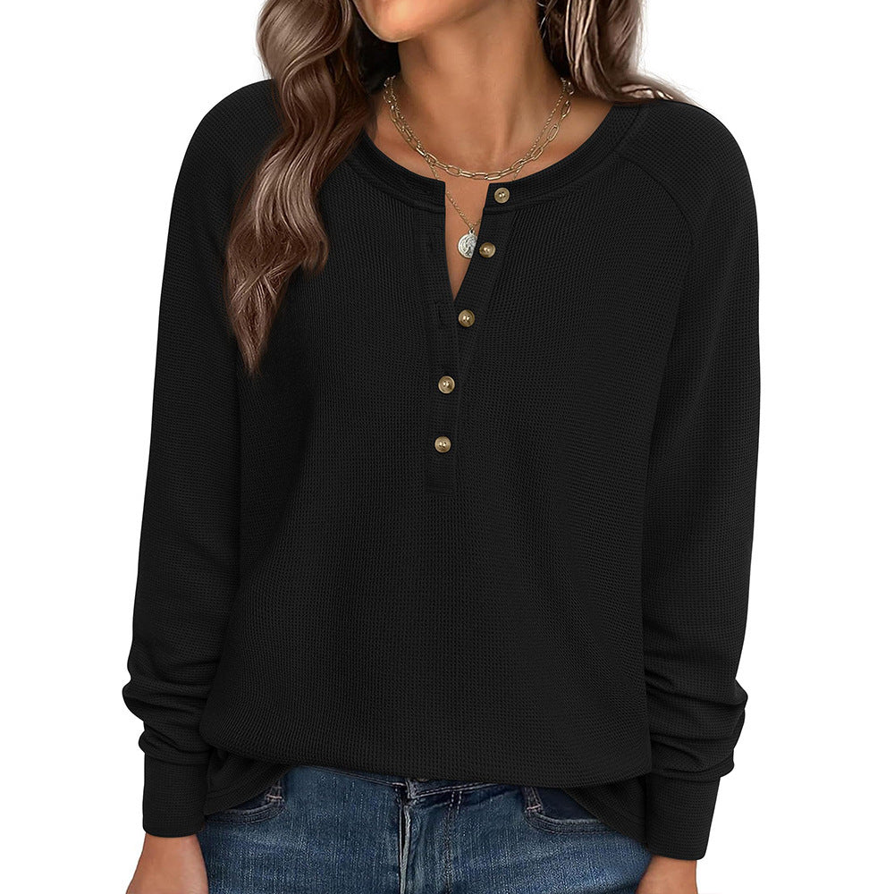 Waffle Knit Henley Top Button V Neck Long Sleeve Tee