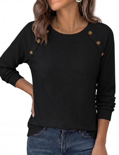 Waffle Knit Button Henley Top Crew Neck Long Sleeve Tee