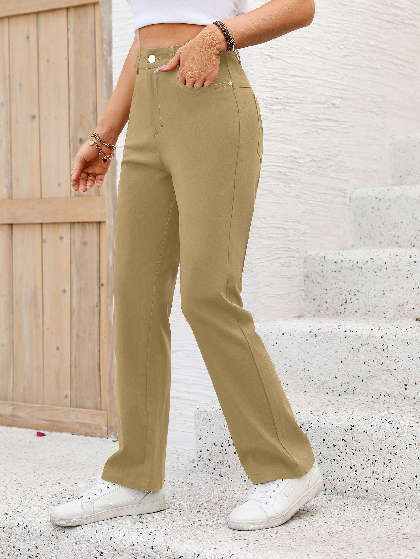 High-Waisted Straight-Leg Pants – Business Casual Trousers with Pockets