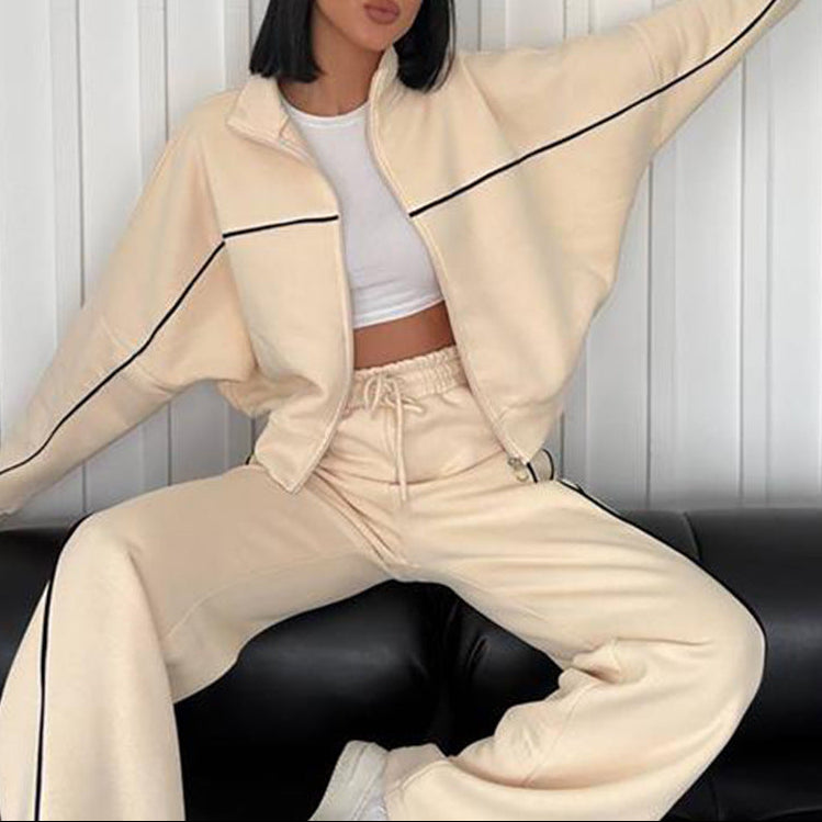Womens Two Piece Striped Zip Up Sweatshirt Pants Set