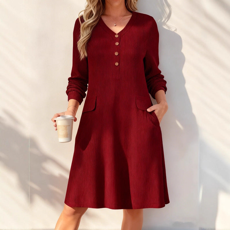 Ribbed V Neck Button Long Sleeve Midi Knit Dress Pockets