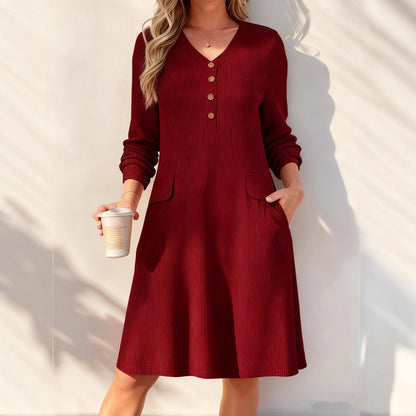 Ribbed V Neck Button Long Sleeve Midi Knit Dress Pockets