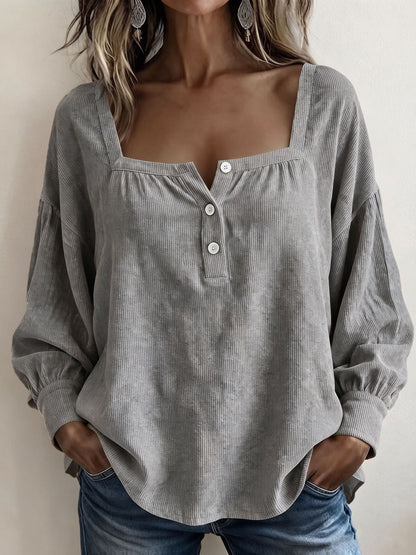 Square Neck Corduroy Top Button Front Long Sleeve Oversized