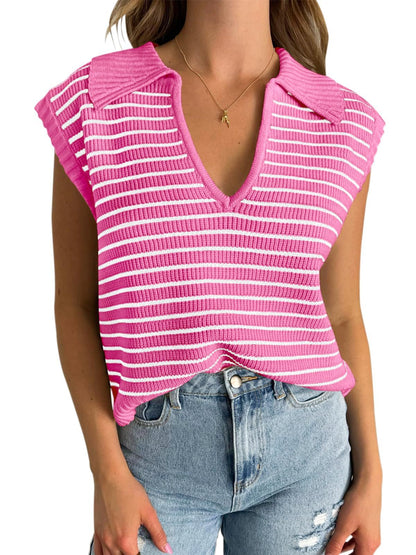 V-Neck Striped Knit Sweater, Casual Lapel Top
