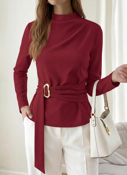 Burgundy Belted Mock Neck Slim Fit Long Sleeve Top