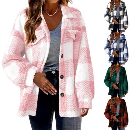 Women's Plaid Sherpa Shacket Button Down Fleece Jacket