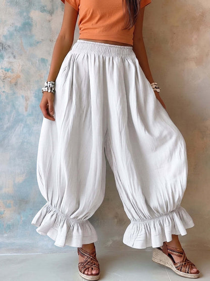 Women Ruffle Hem Balloon Pants Elastic Waist Wide Leg Boho