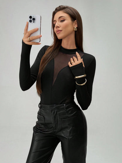 Sheer Mesh Mock Neck Long Sleeve Bodysuit