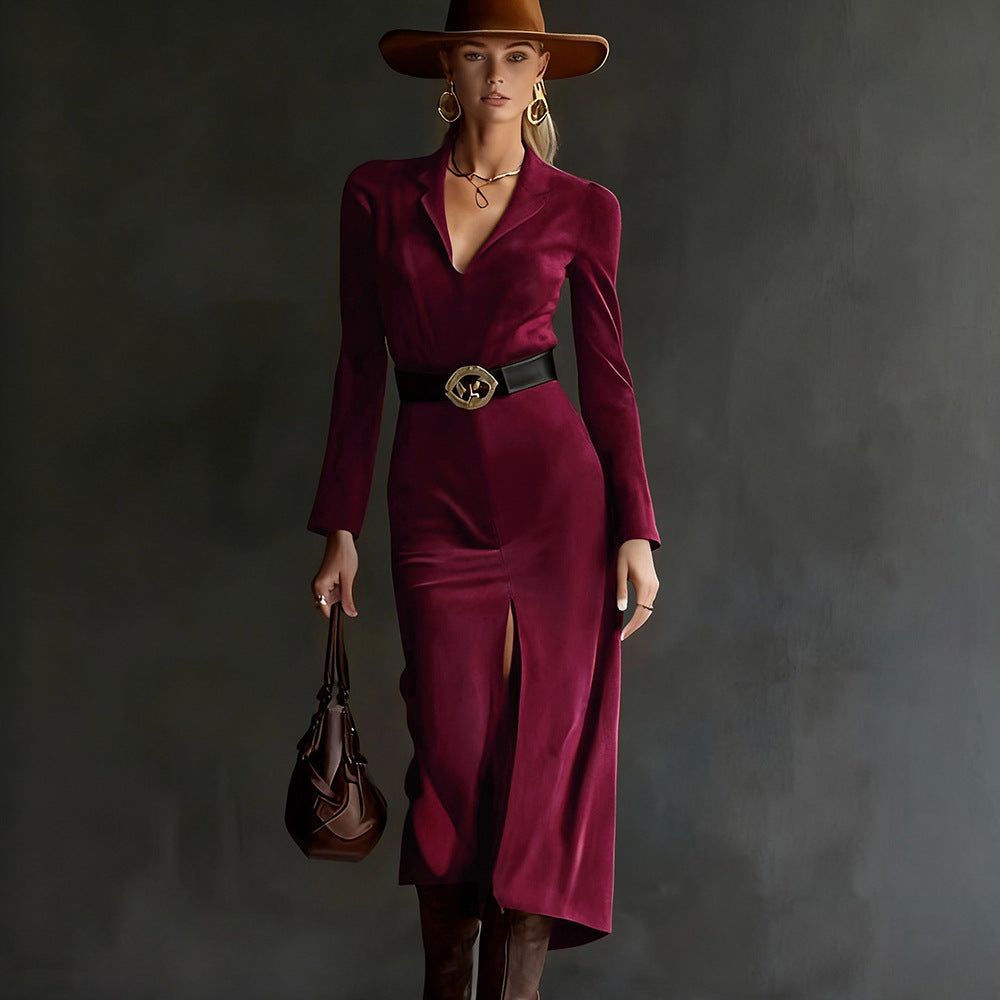 Suede Blazer Dress Belted Slit Midi Long Sleeve