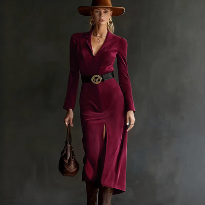 Suede Blazer Dress Belted Slit Midi Long Sleeve