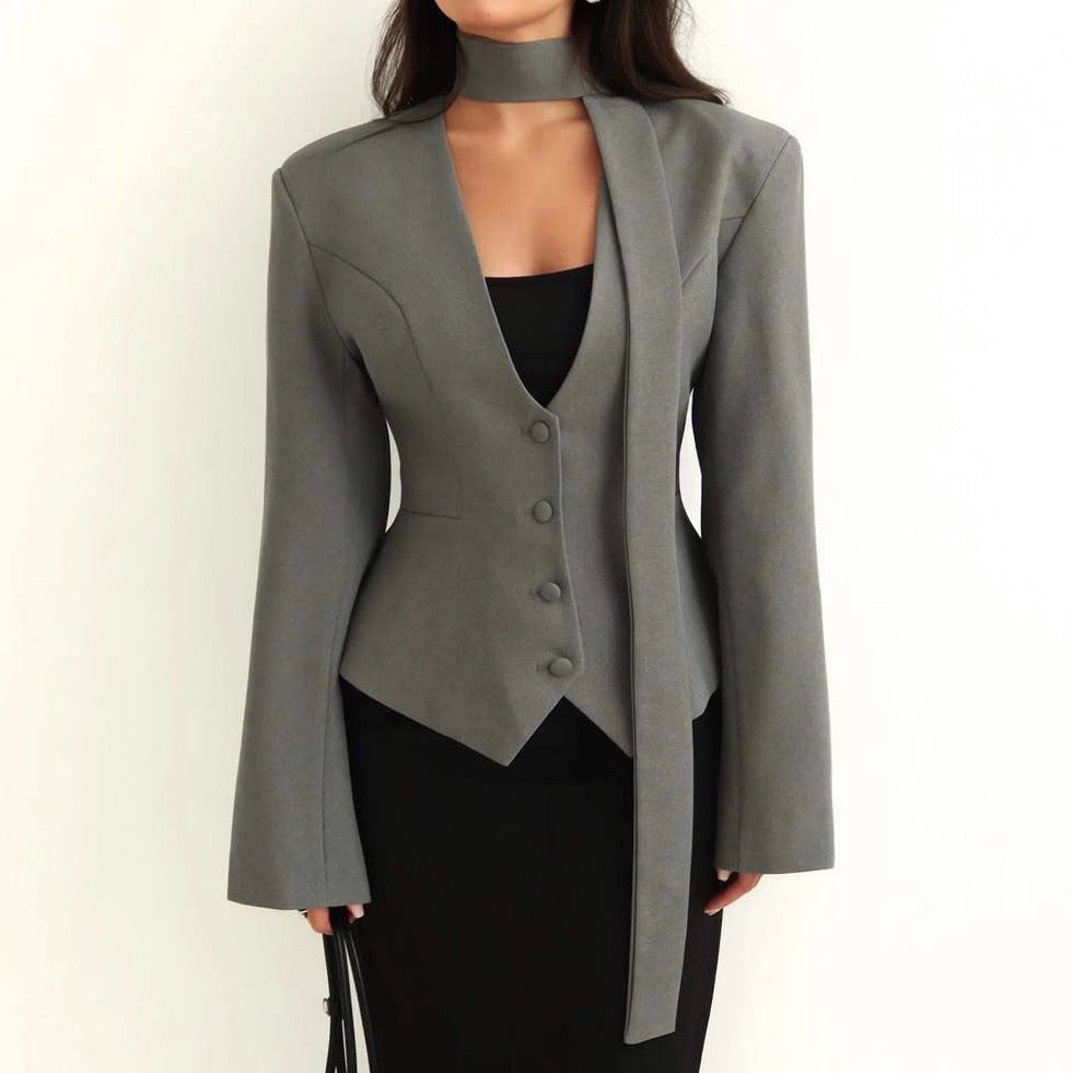Women's V-Neck Fitted Long Sleeve Tie Blazer