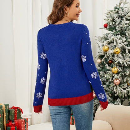 Blue Christmas Tree Reindeer Knit Sweater for Women