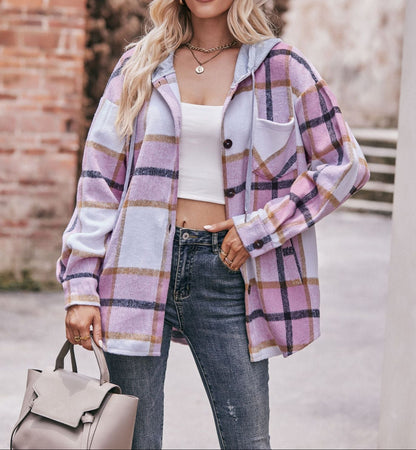 Plaid Hooded Shacket Jacket Oversized Fall Layering Coat