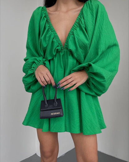 Women's V Neck Puff Sleeve Ruched Mini Flare Dress
