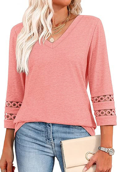 White V-Neck Lace Sleeve Casual Knit Top for Women