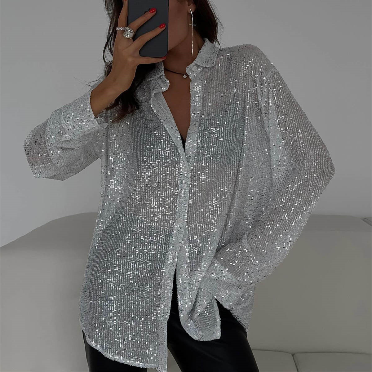 Sequin Collared Long Sleeve Button Down Blouse