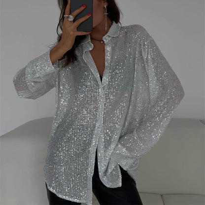 Sequin Collared Long Sleeve Button Down Blouse