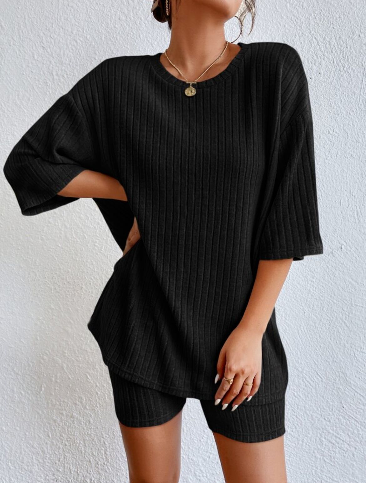 Solid ribbed oversized tee and biker shorts set