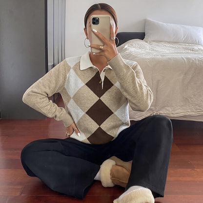 Argyle Polo Sweater Button Placket Relaxed Fit