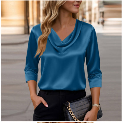 Women's Satin Cowl Neck Blouse 3/4 Sleeve Top
