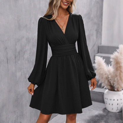 Women's V-Neck Balloon Sleeve Ruched Waist A-Line Dress