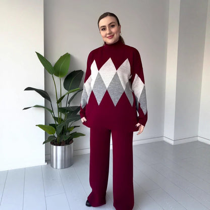 Women's Argyle Knit Sweater & Pants Two Piece Lounge Set