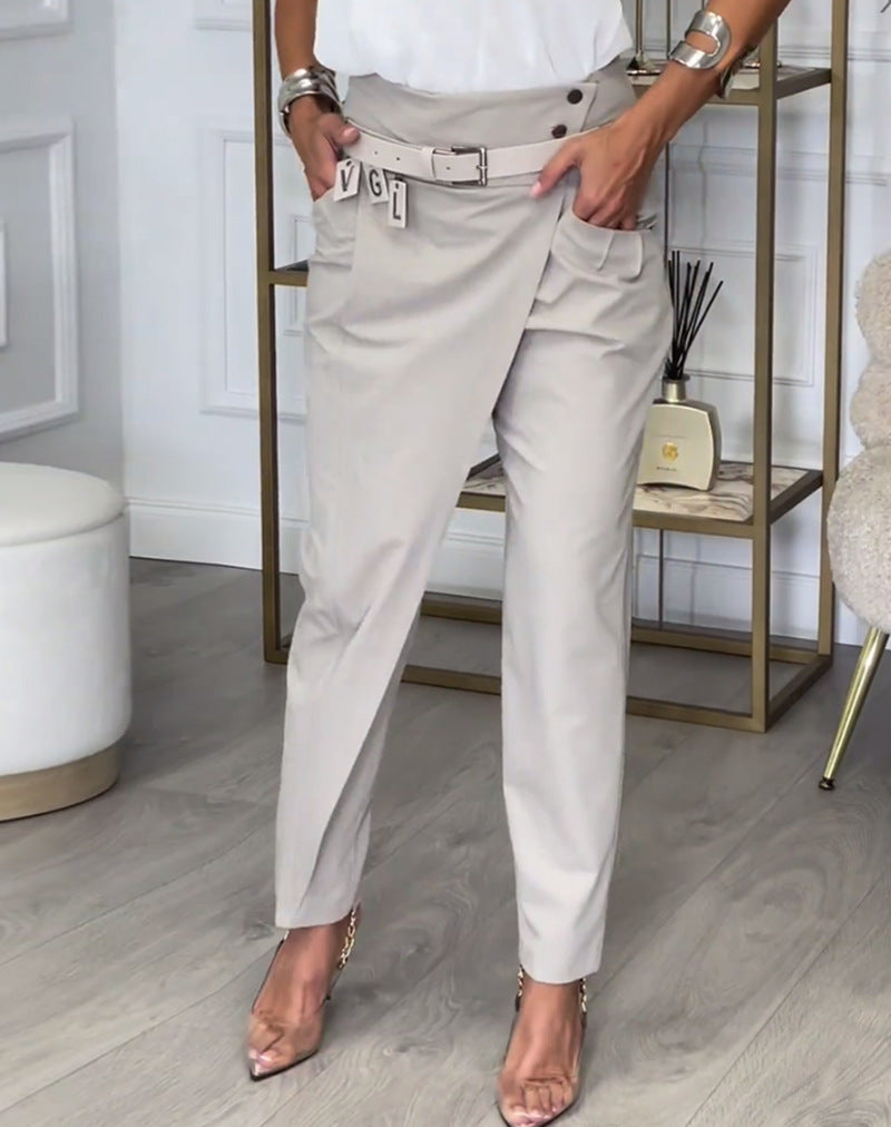Women's Belted Crossover High Waist Straight Leg Trousers
