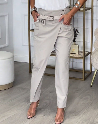 Women's Belted Crossover High Waist Straight Leg Trousers