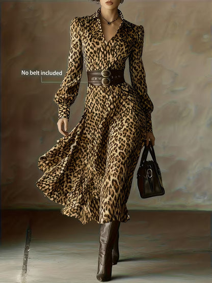 Casual V-Neck Long Sleeve Printed Maxi Dress Belted
