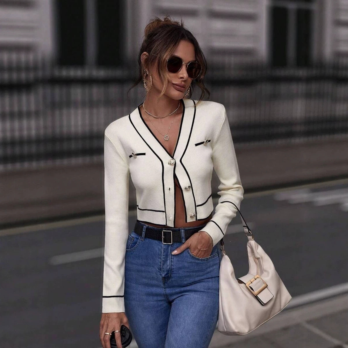 Women's Cropped V-Neck Cardigan Contrast Trim Button Sweater