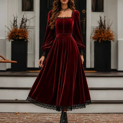 Square Neck Velvet Lace Trim Puff Sleeve Maxi Dress