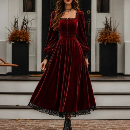 Square Neck Velvet Lace Trim Puff Sleeve Maxi Dress