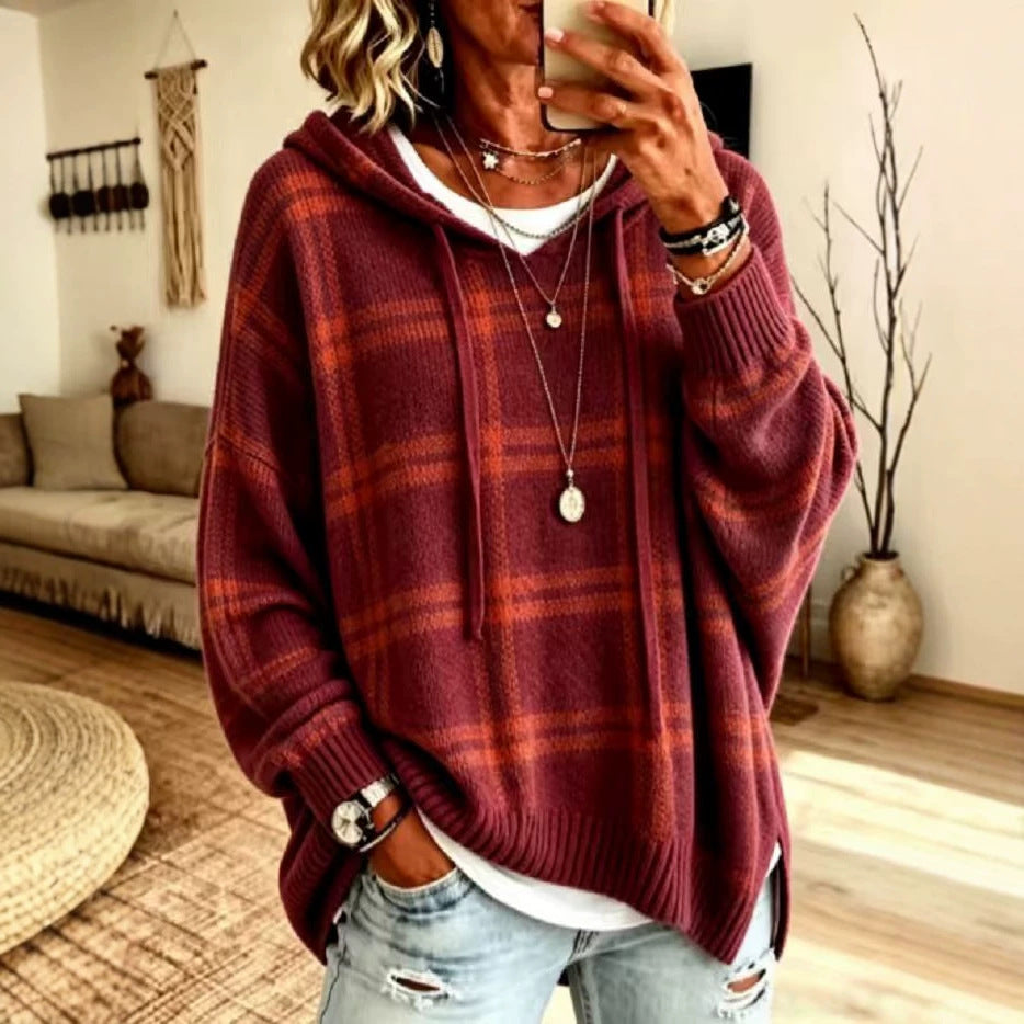 Women's Plaid Hooded Oversized Knit Pullover Sweater
