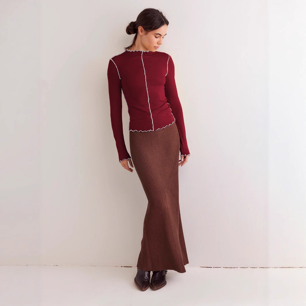 Lettuce Edge Mock Neck Contrast Stitch Long Sleeve Top