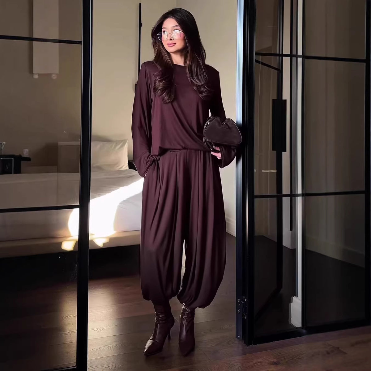 Women's Casual Matching Set Long Sleeve Top Wide Leg Pants