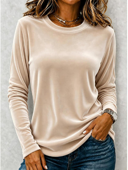 Women's Velvet Long Sleeve Top Casual Round Neck Blouse