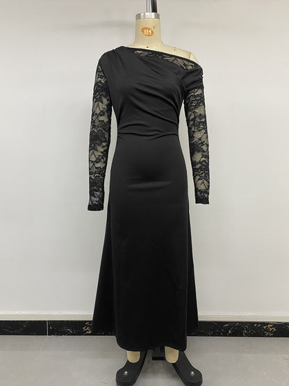 Sexy Black Lace One Shoulder Long Sleeve Maxi Dress