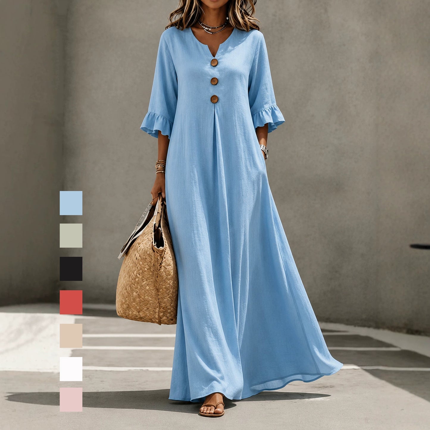Women's V-Neck Boho Maxi Dress Ruffle Sleeve with Pockets